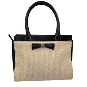 Kate Spade Wicker Straw Tote Bag Black Leather Bow Satchel Women